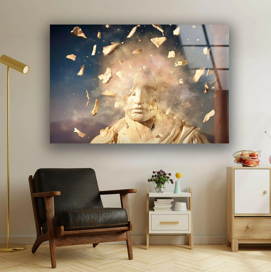 Dark sapphire skies and moody clouds surround a shattering abstract sculpture in this dynamic tempered glass wall art.
