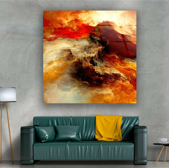 A stark, textured concrete wall provides a neutral backdrop for a vibrant red abstract glass print wall art.