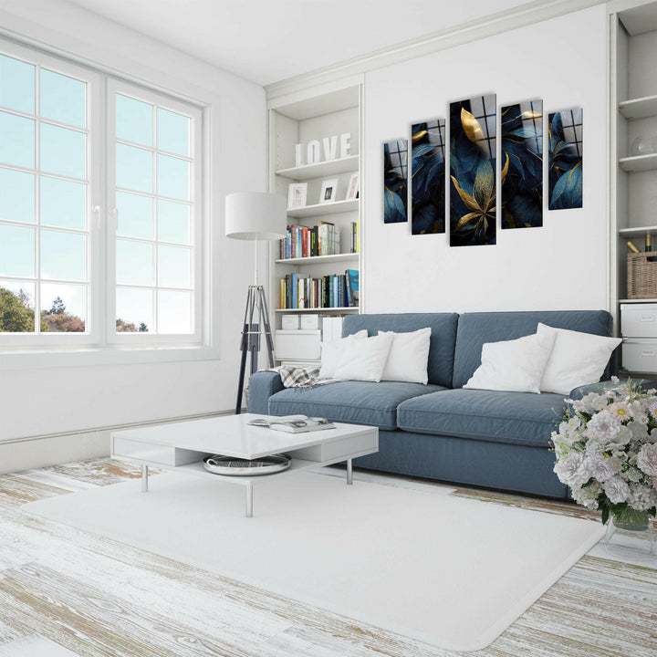 Luxurious Golden, Dark Blue Floral Glass Wall Art, glass image printing, glass prints from photos