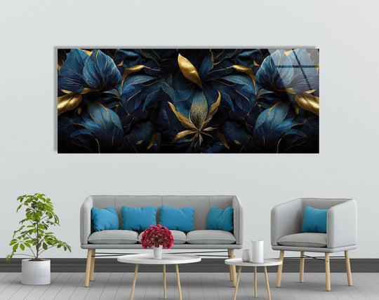The crisp edge of this luxurious golden and dark blue floral glass wall art defines a sophisticated border, highlighting its status as best glass art.