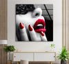 Red Lips Woman with Mask Tempered Glass Wall Art