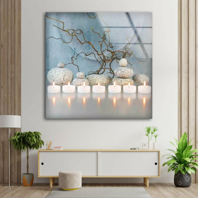 Candle With Zen Spa Stones Tempered Glass Wall Art