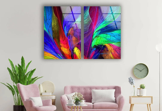 This glossy colorful glass wall art features a neon fractal abstract design and brings vibrant colors and a modern touch to interior design on a wall