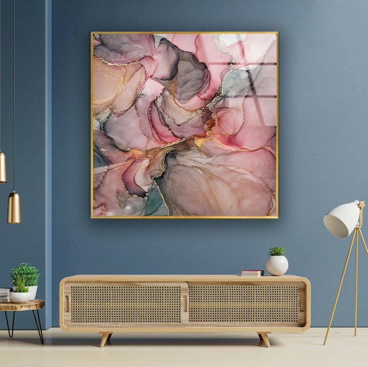 Wandkunst aus Glas mit rosa Alkoholtinte und grauem Marmor