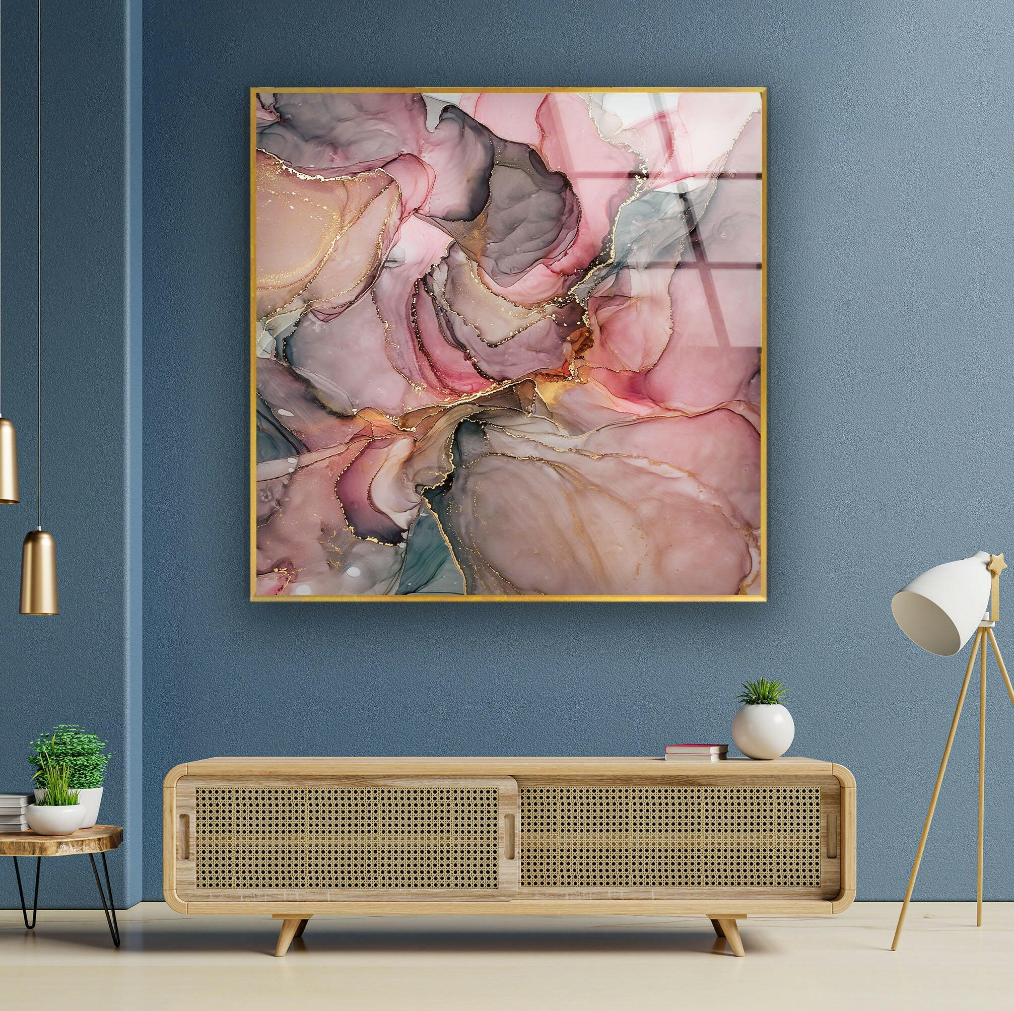 Pink Alcohol Ink Gray Marble Tempered Glass Wall Art