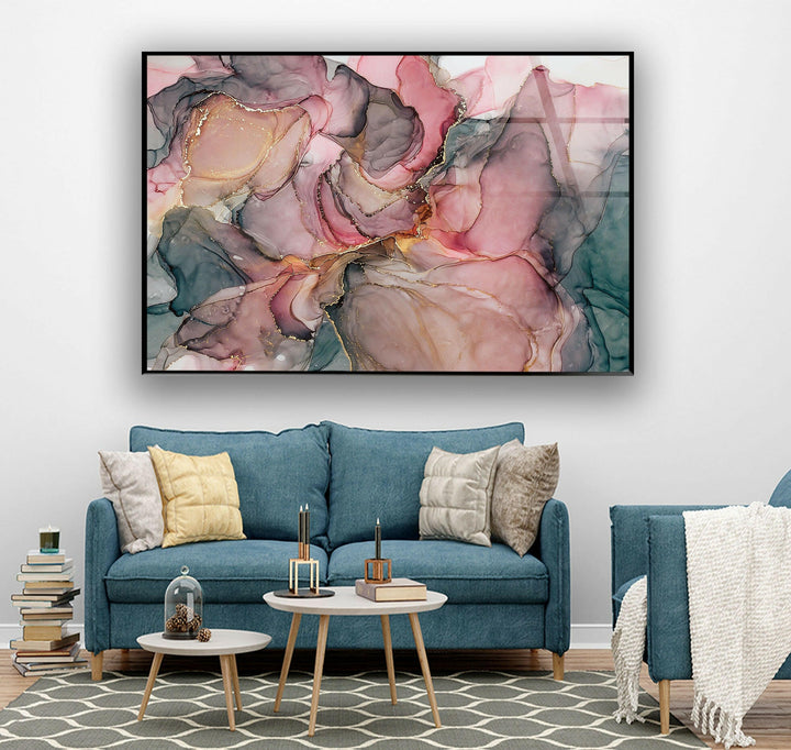 Wandkunst aus Glas mit rosa Alkoholtinte und grauem Marmor