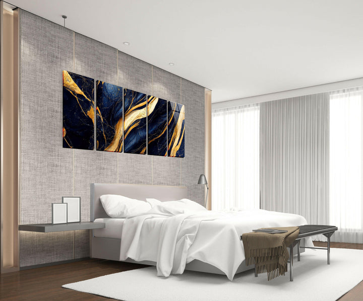 Navy Blue With Golden Veins Marble Glass Wall Art, custom glass pictures, glass art prints