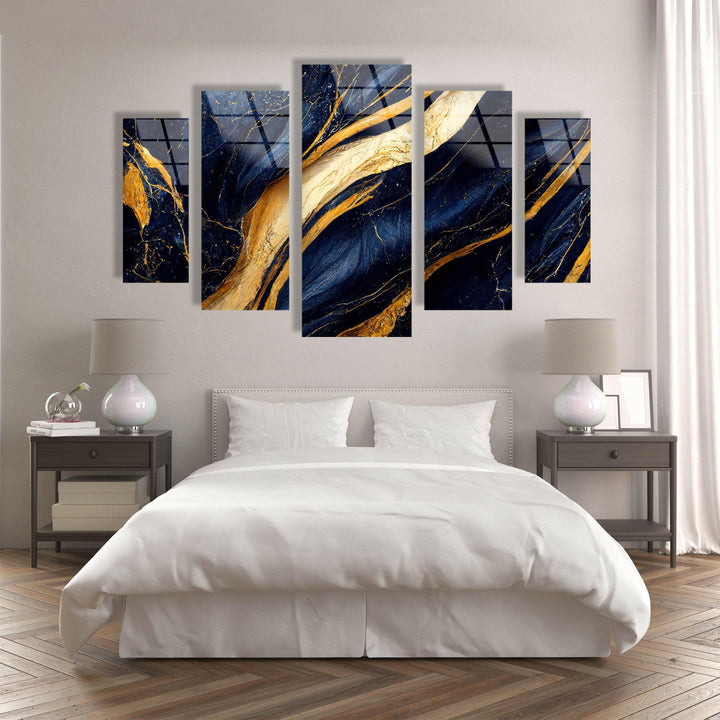 Navy Blue With Golden Veins Marble Glass Wall Art, Glass Printing Wall Art, Print photos on glass