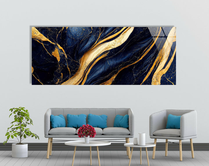 Navy Blue With Golden Veins Marble Glass Wall Art, glass image printing, glass prints from photos