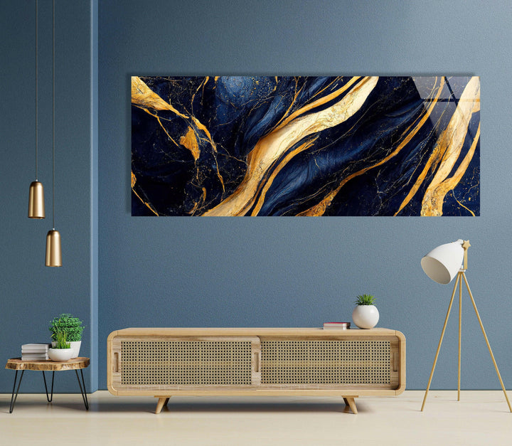 Navy Blue With Golden Veins Marble Glass Wall Art, glass photo prints, glass picture prints