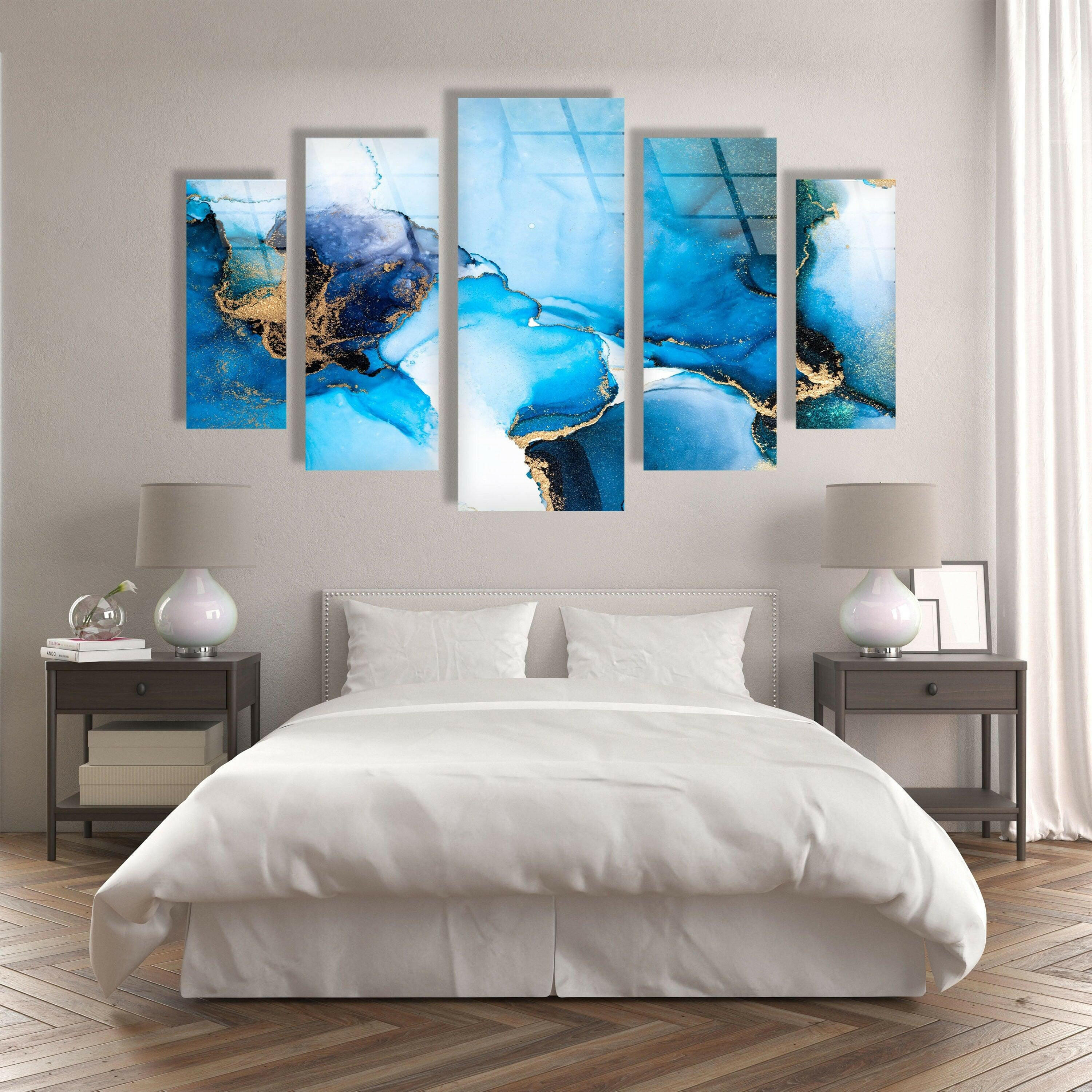 5 Piece White Blue Abstract Tempered Glass Wall Art