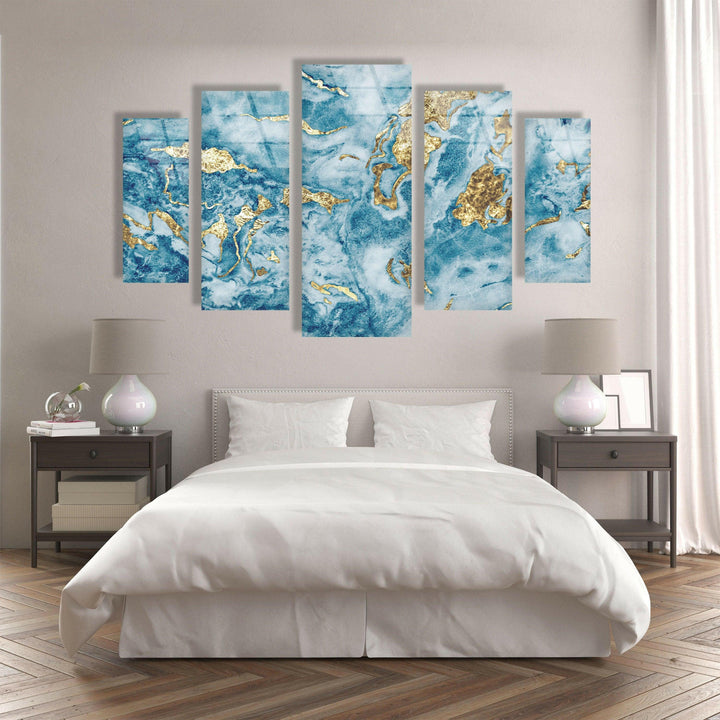 Light Blue & Gold Glitter Marble Abstract Glass Wall Art, print picture on glass, Tempered Glass Wall Art