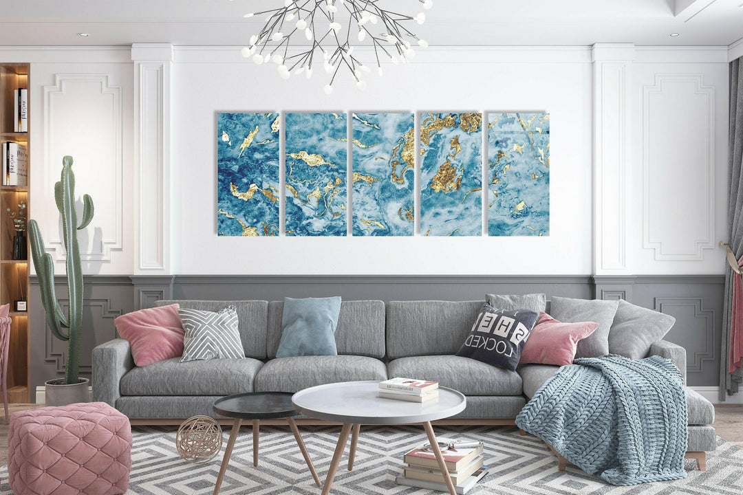 Light Blue & Gold Glitter Marble Abstract Glass Wall Art, glass wall decor, glass wall art decor