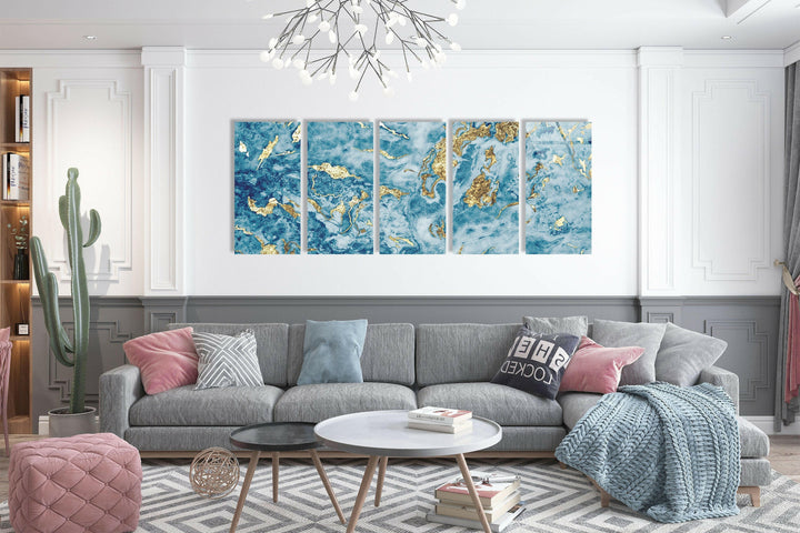 Light Blue & Gold Glitter Marble Abstract Glass Wall Art, glass wall decor, glass wall art decor