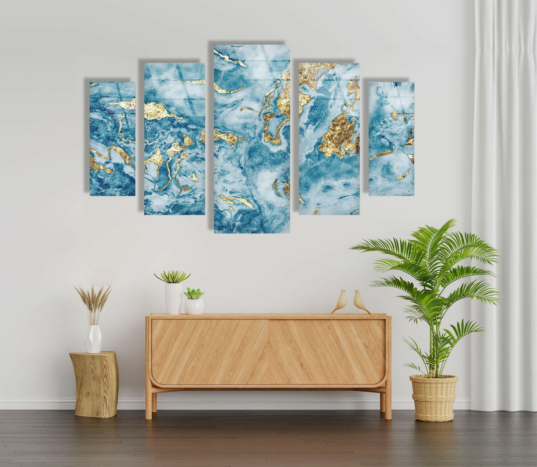 Light Blue & Gold Glitter Marble Abstract Glass Wall Art, glass photo prints, glass picture prints