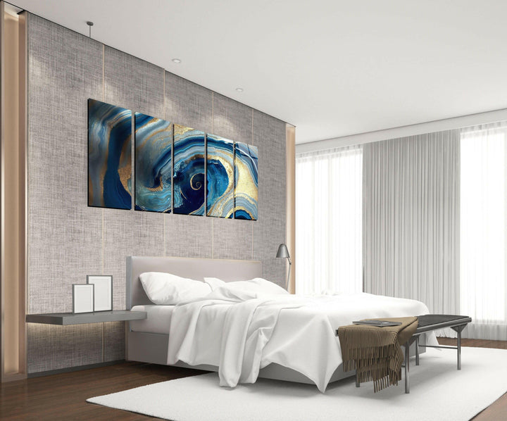 Swirl Of Blue Gold Marble Abstract Glass Wall Art, glass wall decor, glass wall art decor