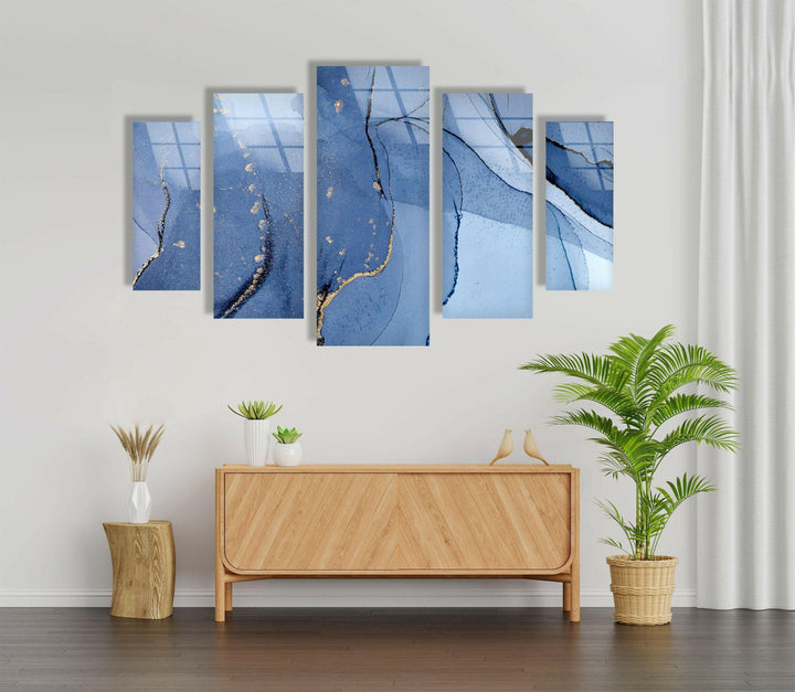 Navy Blue, Gold Foil Alcohol Ink Glass Wall Art, glass pictures for Wall, glass prints wall art