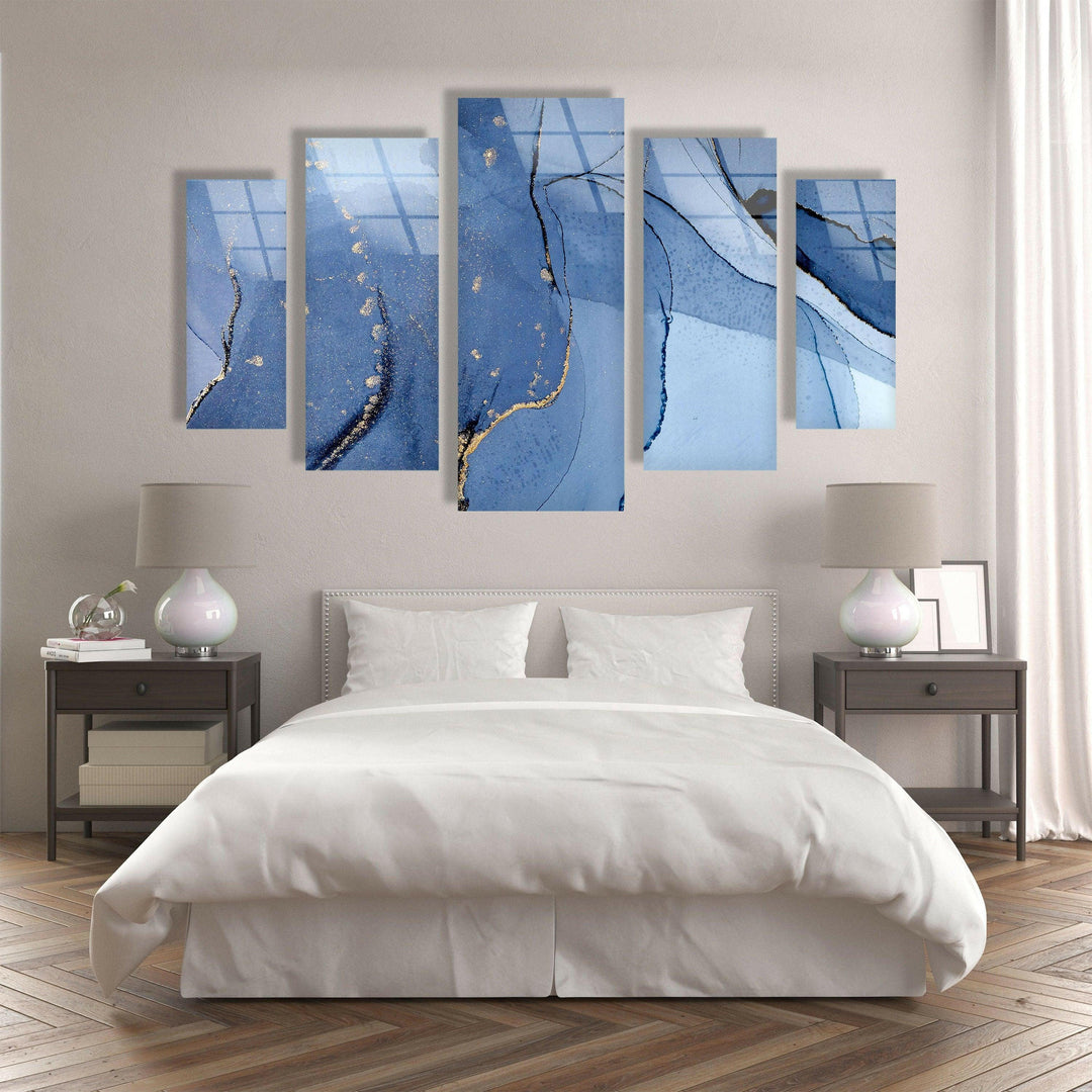 Navy Blue, Gold Foil Alcohol Ink Glass Wall Art, photo print on glass, prints on glass wall art