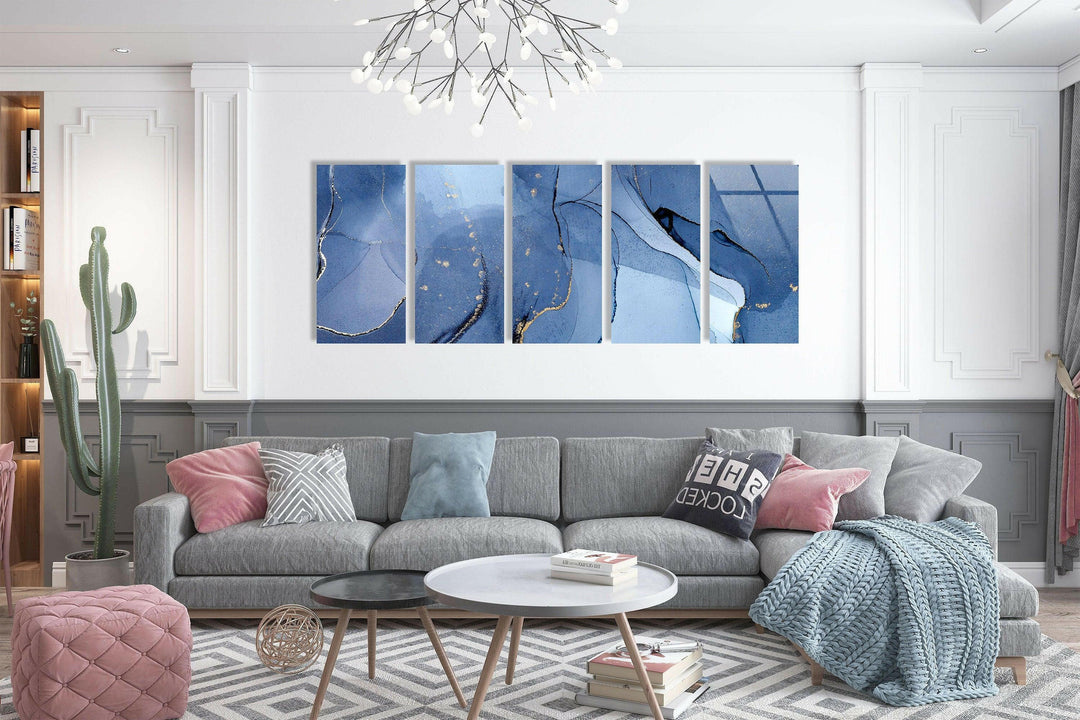 Navy Blue, Gold Foil Alcohol Ink Glass Wall Art, glass photo prints, glass picture prints