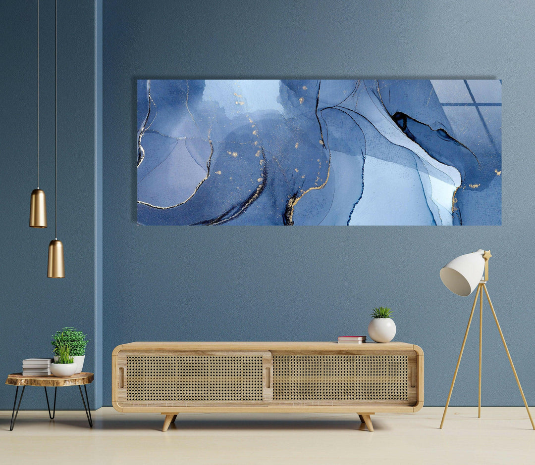 Navy Blue, Gold Foil Alcohol Ink Glass Wall Art, Glass Printing Wall Art, Print photos on glass