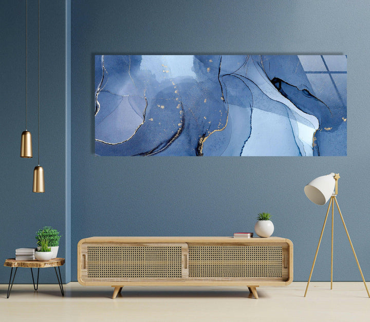 Navy Blue, Gold Foil Alcohol Ink Glass Wall Art, Glass Printing Wall Art, Print photos on glass