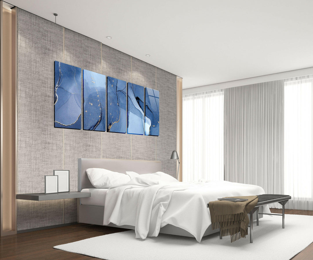Navy Blue, Gold Foil Alcohol Ink Glass Wall Art, large glass photo prints, glass wall photos