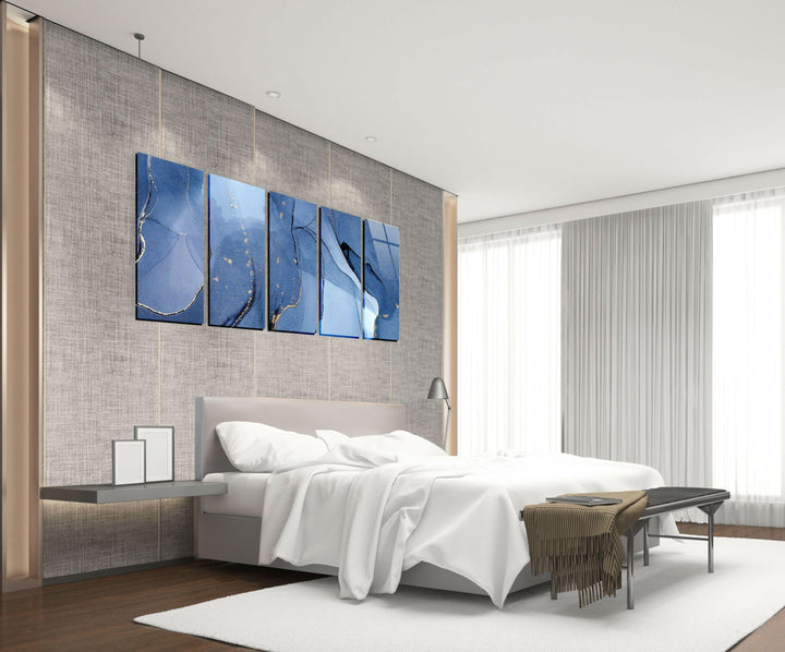 Navy Blue, Gold Foil Alcohol Ink Glass Wall Art, large glass photo prints, glass wall photos