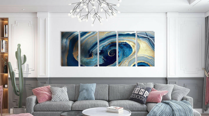 Swirl Of Blue Gold Marble Abstract Glass Wall Art, custom glass photo prints, large glass prints