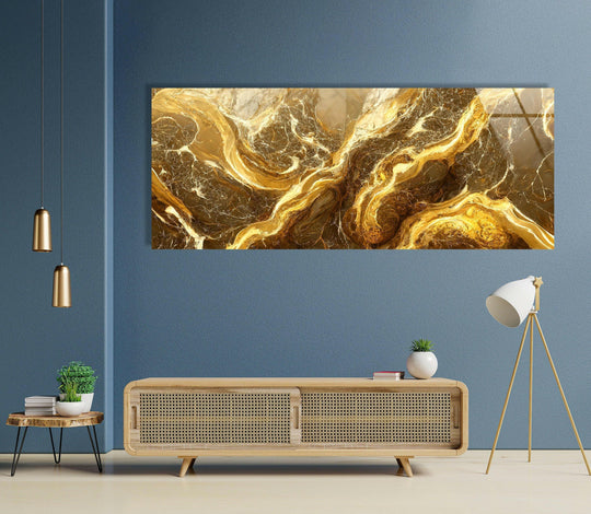 Horizontally-oriented and rectangular, this Gold and White Marble Abstract Glass Wall Art offers unique modern wall decor.
