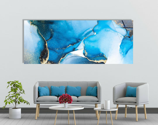 Highlighting the geometric elements, this Blue Marbled Alcohol Ink abstract glass wall art features a dynamic interplay of angular and organic shapes, enhancing its home decor appeal.