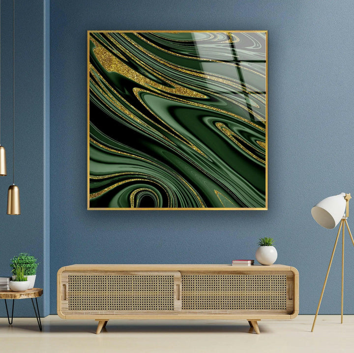 Abstrakte Glaswandkunst aus goldenem, schwarzem und grünem Marmor