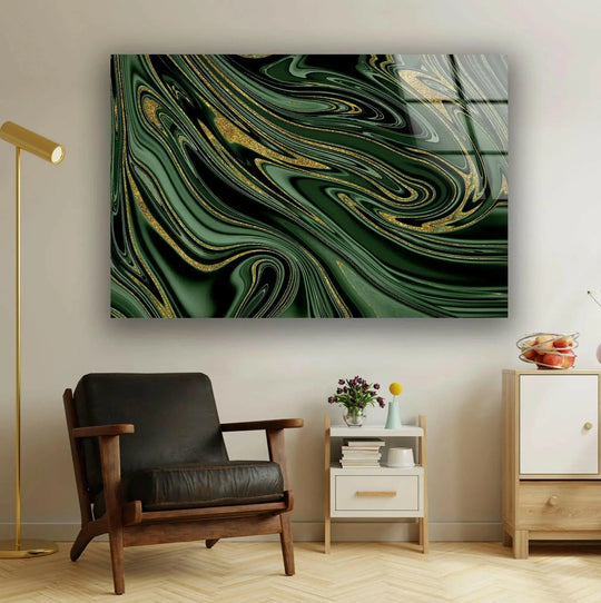 Serene emerald and gold abstract glass wall art prints evoke a feeling of sophisticated tranquility in a modern living space.
