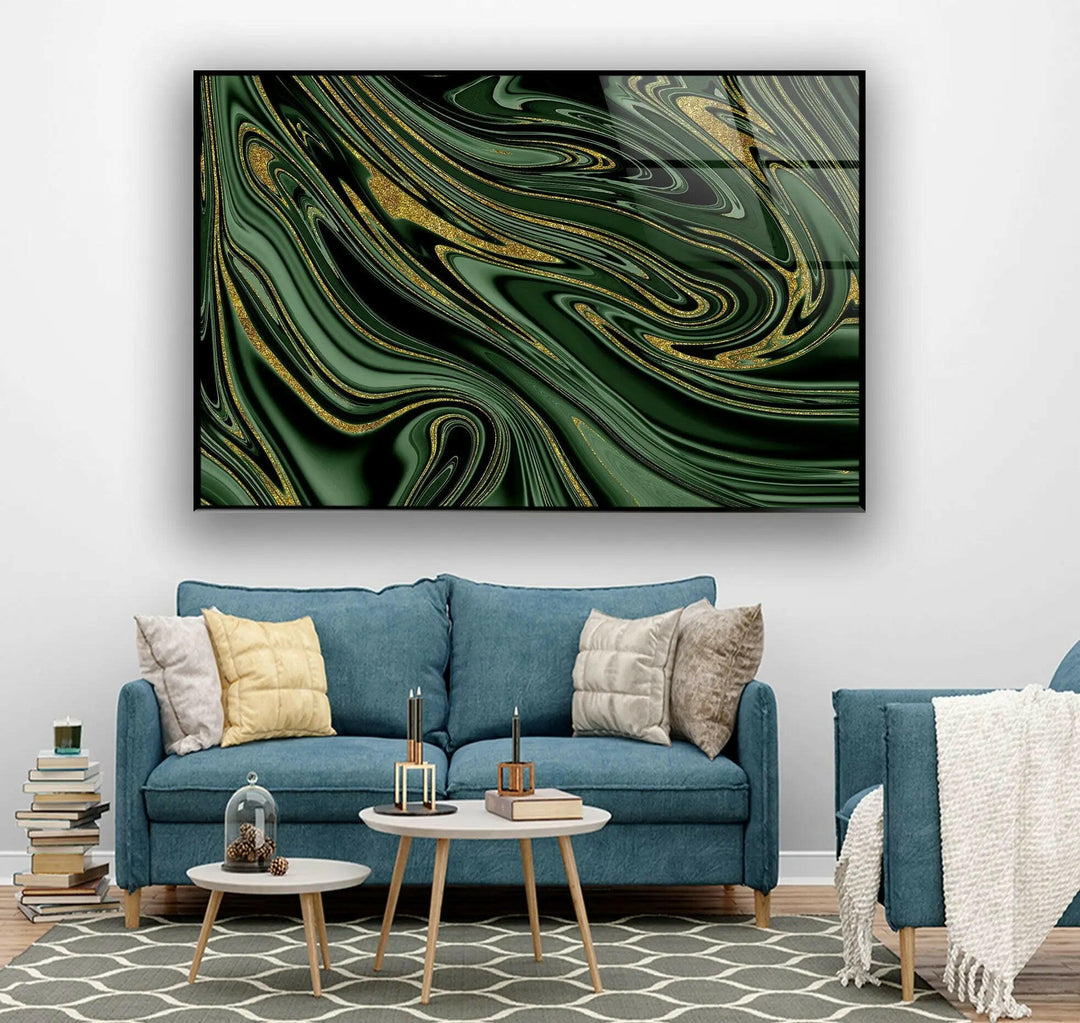 Abstrakte Glaswandkunst aus goldenem, schwarzem und grünem Marmor