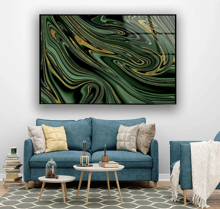Abstrakte Glaswandkunst aus goldenem, schwarzem und grünem Marmor