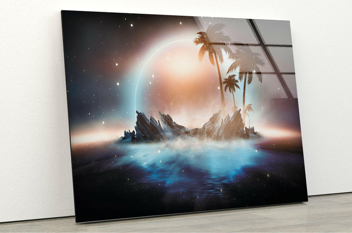 Mysterious tropical island under a luminous celestial sky.
