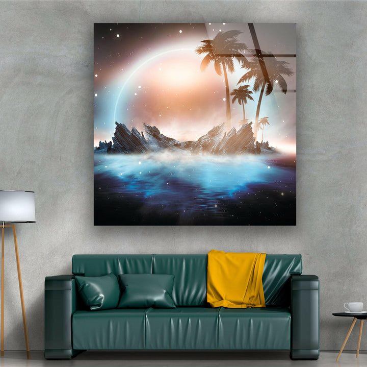 Sci-fi inspired artwork featuring a misty ocean and glowing island.
