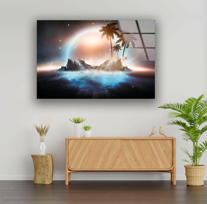 Enchanted island surrounded by mist with a glowing planetary sky.
