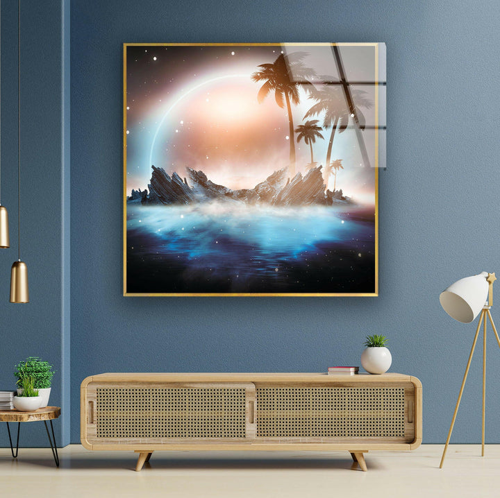 Surreal ocean view with mist-covered mountains and glowing palm trees.
