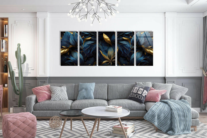 Luxurious Golden, Dark Blue Floral Glass Wall Art, glass photo prints, glass picture prints