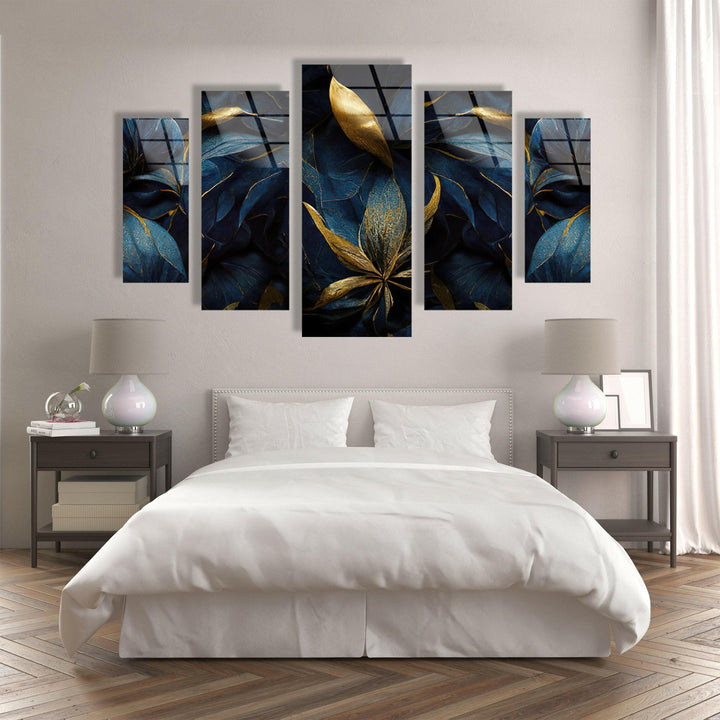 Luxurious Golden, Dark Blue Floral Glass Wall Art, glass wall decor, glass wall art decor