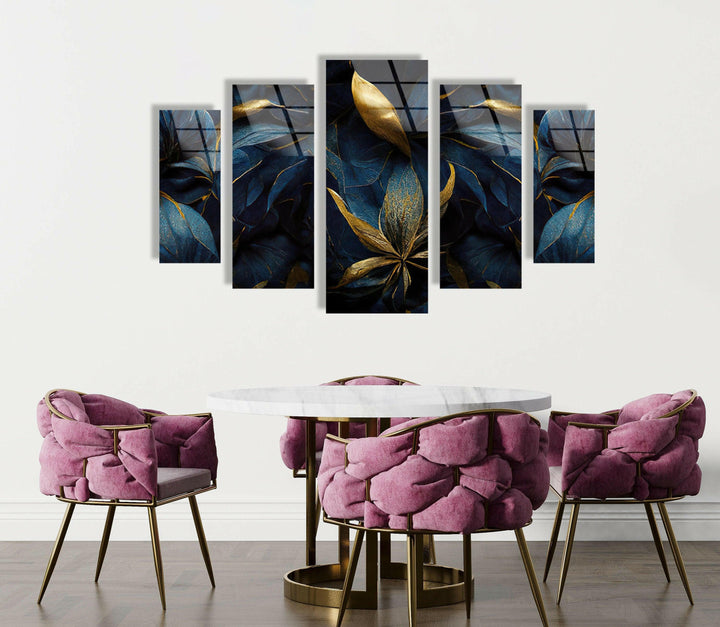 Luxurious Golden, Dark Blue Floral Glass Wall Art, glass pictures for Wall, glass prints wall art