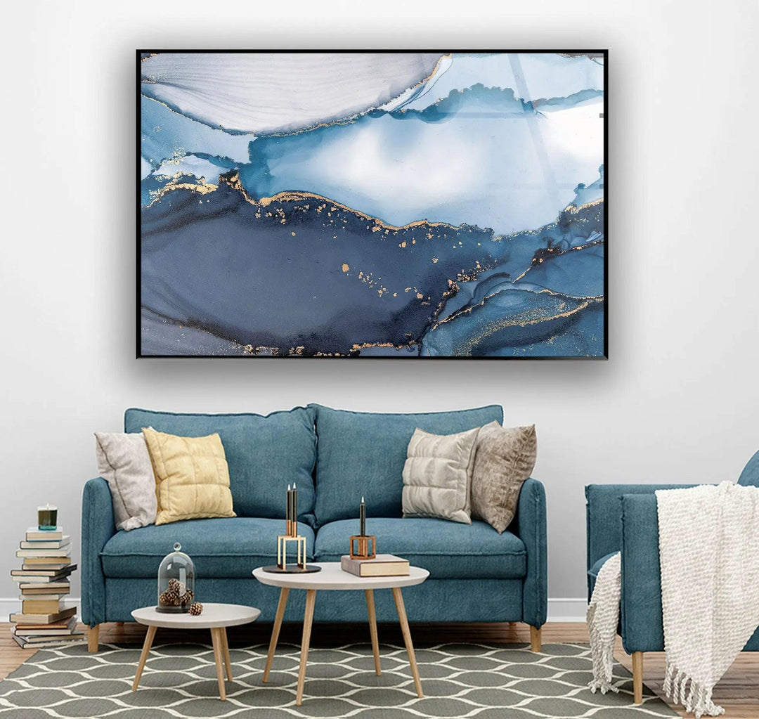 Blue Ink Abstract Glass Wall Art
