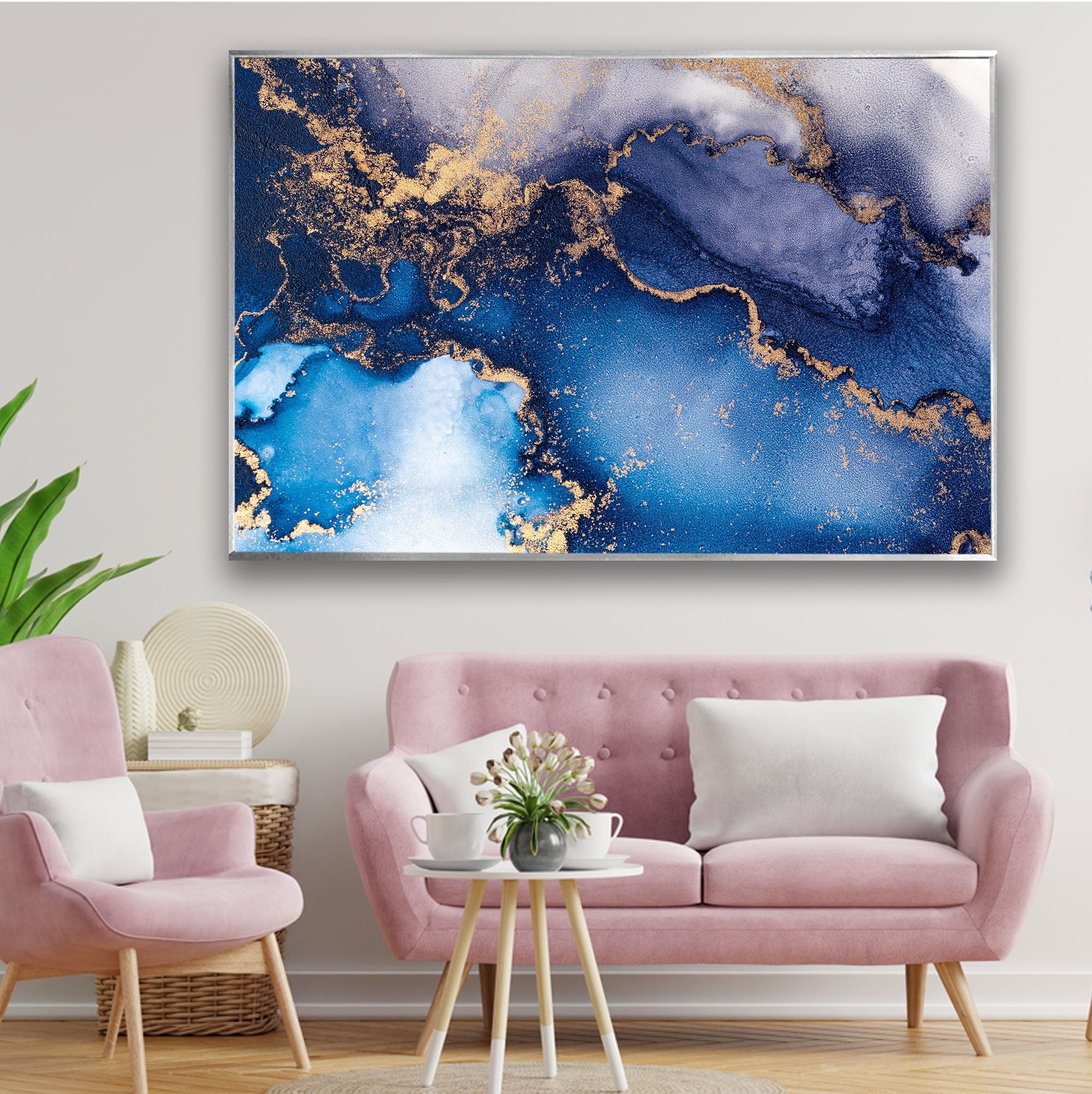 Dark Blue and Golden Marble Tempered Glass Wall Art