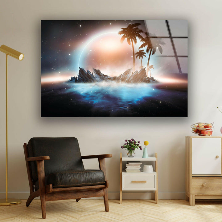 A dreamlike fantasy island surrounded by mist and illuminated by a glowing planet.
