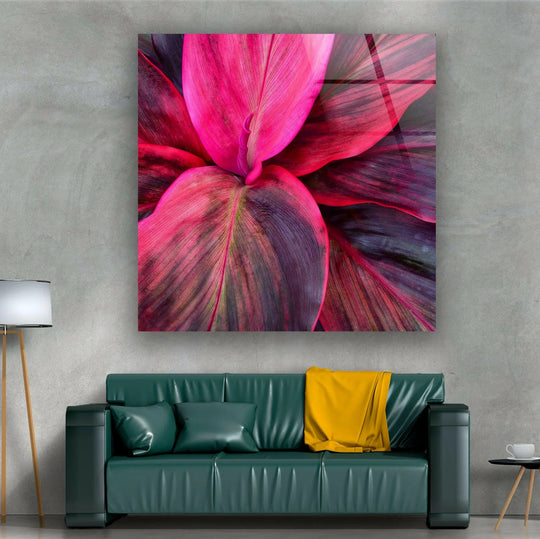 Showcasing geometric elements, the Pink Botanical Leaves glass wall art features the patterns and lines within the flower for captivating decorative wall art.