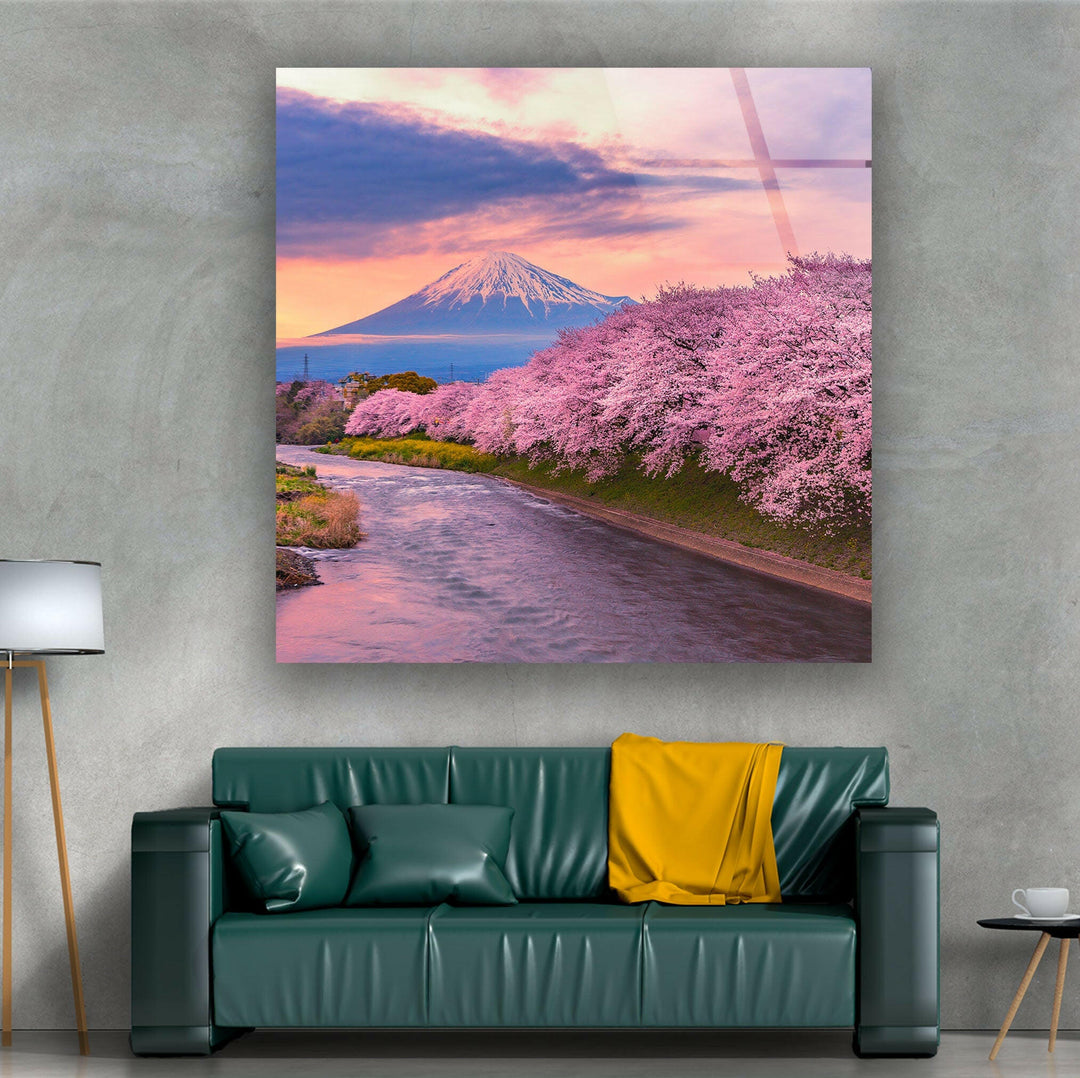 Majestic Mount Fuji and Sakura Reflection – A Mesmerizing Glass Artwork
