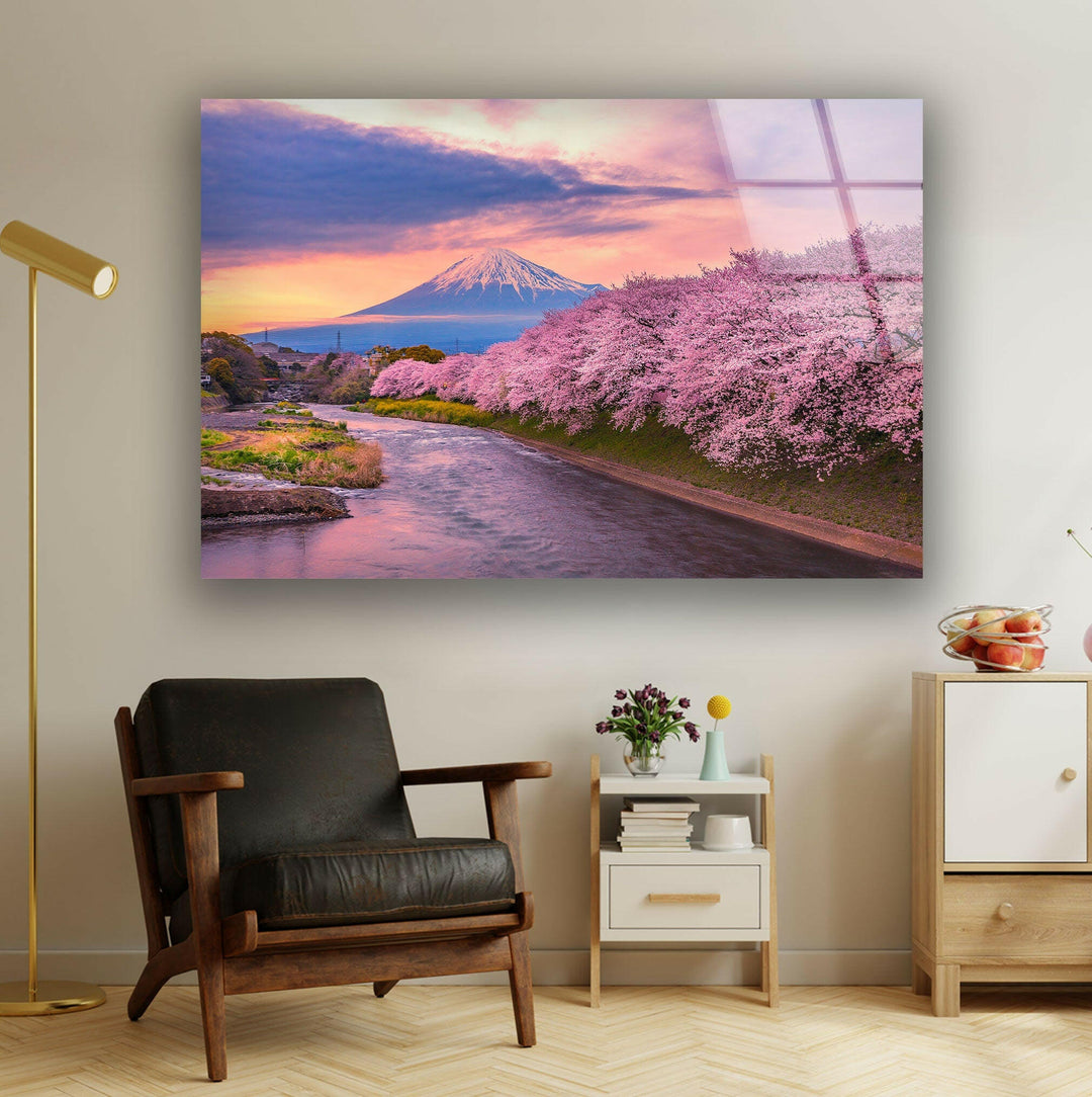 Pink Blossoms and Snow-Capped Fuji – A Captivating Glass Print for Home Decor

