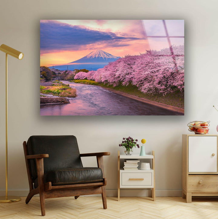Pink Blossoms and Snow-Capped Fuji – A Captivating Glass Print for Home Decor
