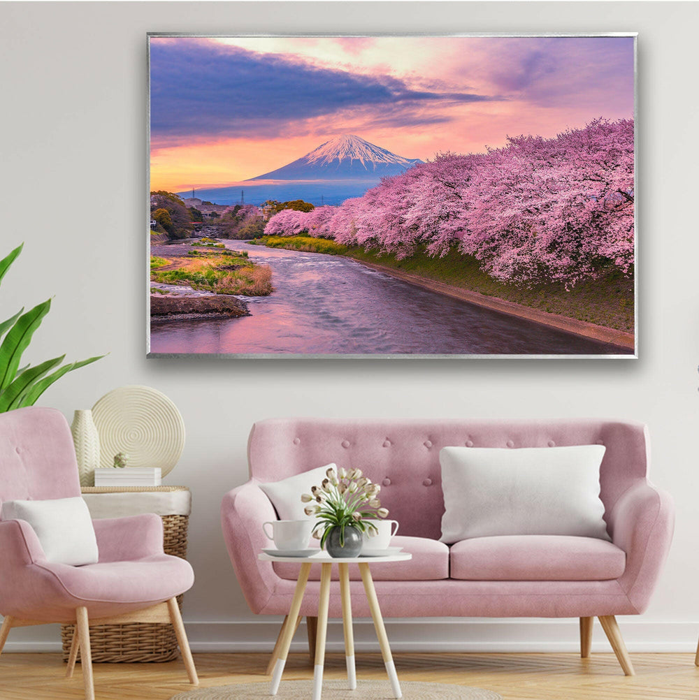 Sakura Trees and Mount Fuji – A High-Definition Glass Wall Art Print
