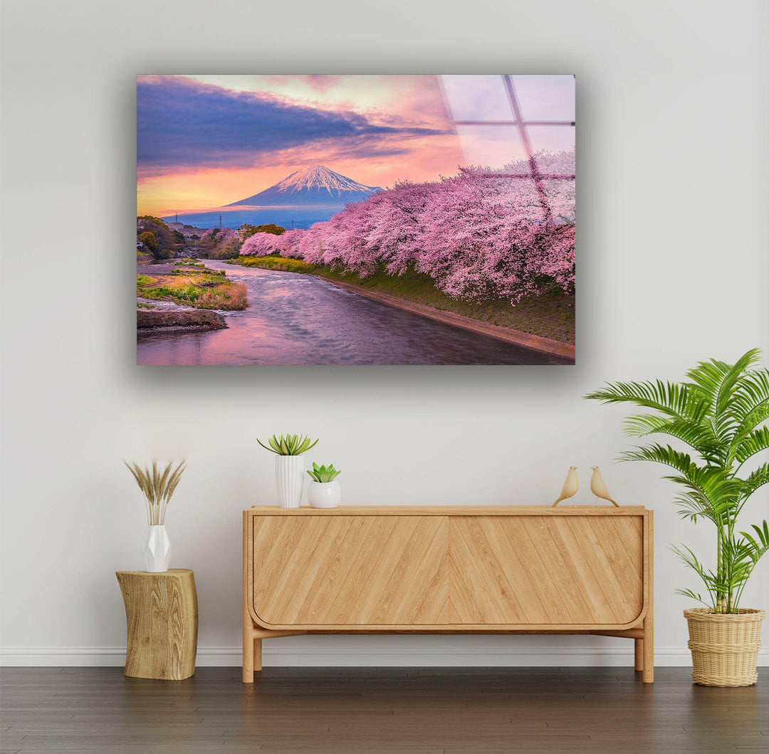 Serene River and Mount Fuji at Sunset – A Beautiful Glass Wall Decor
